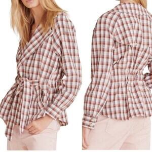 Veronica Beard Lin Belted‎ Plaid Jacket Multi Pink Rust Check Cotton Size Medium